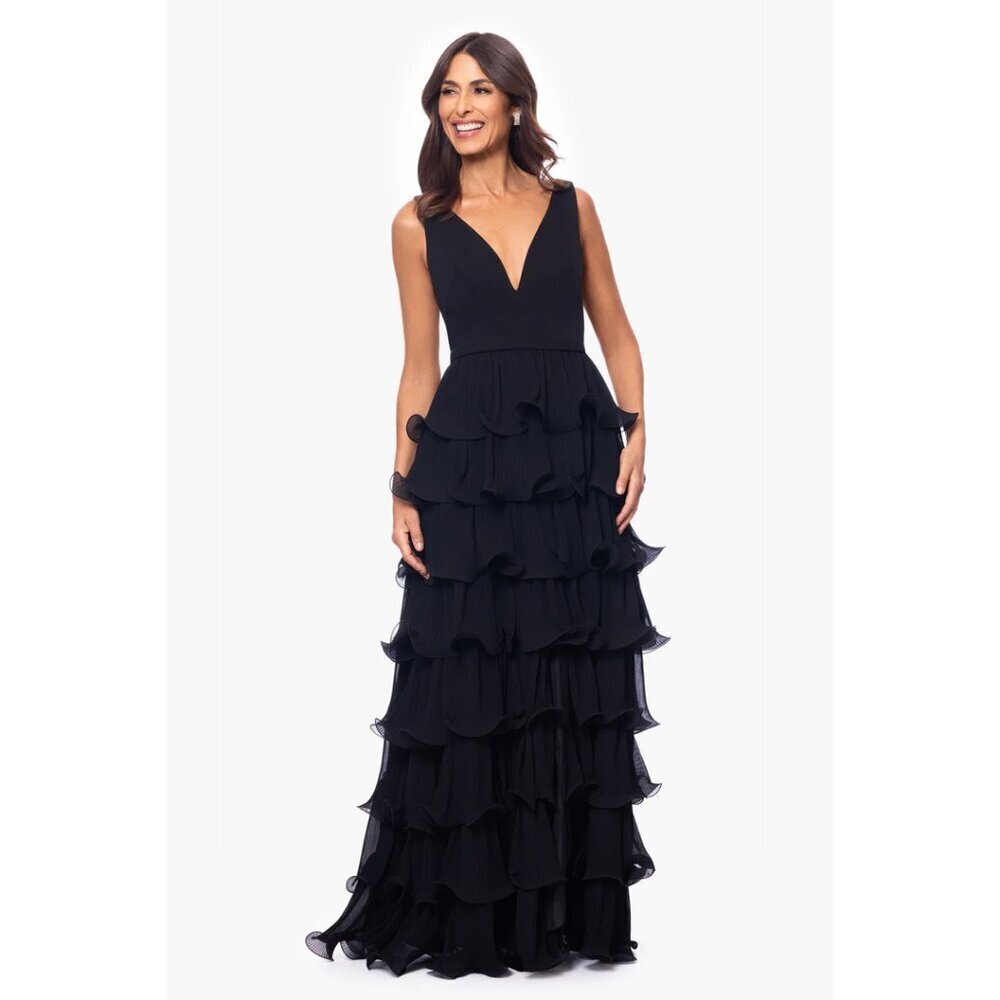 BETSY & ADAM Eleni Tiered Wire Ruffle Gown in Black Size US 6 NWT - Picture 11 of 11